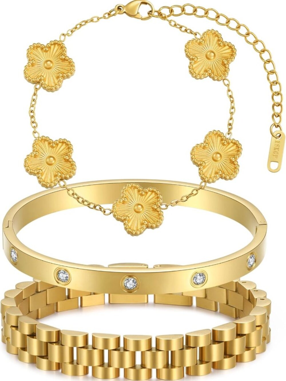Stackable Four Leaf Clover Bracelets Set - 18K Gold Plated Charm Bangles for